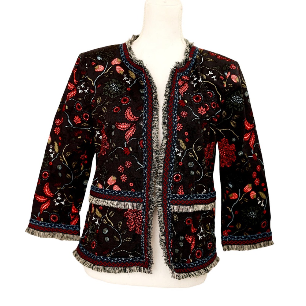 Ann Taylor Loft Blazer 6 Navy Blue Strawberry Floral Fringed Embroidery Open NWT